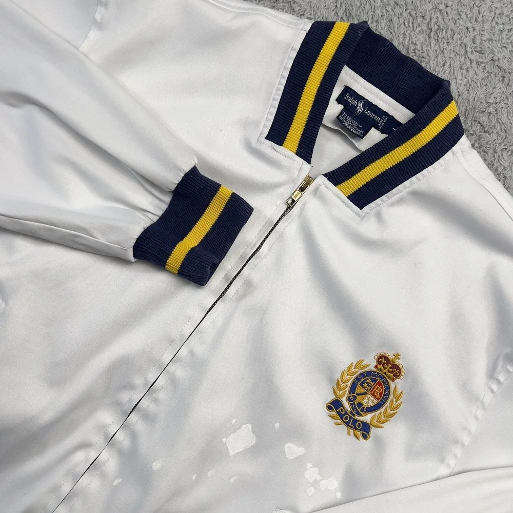 Vintage Polo Ralph Lauren Varsity Jacket Mens L White Satin Crest Hong Kong 90s